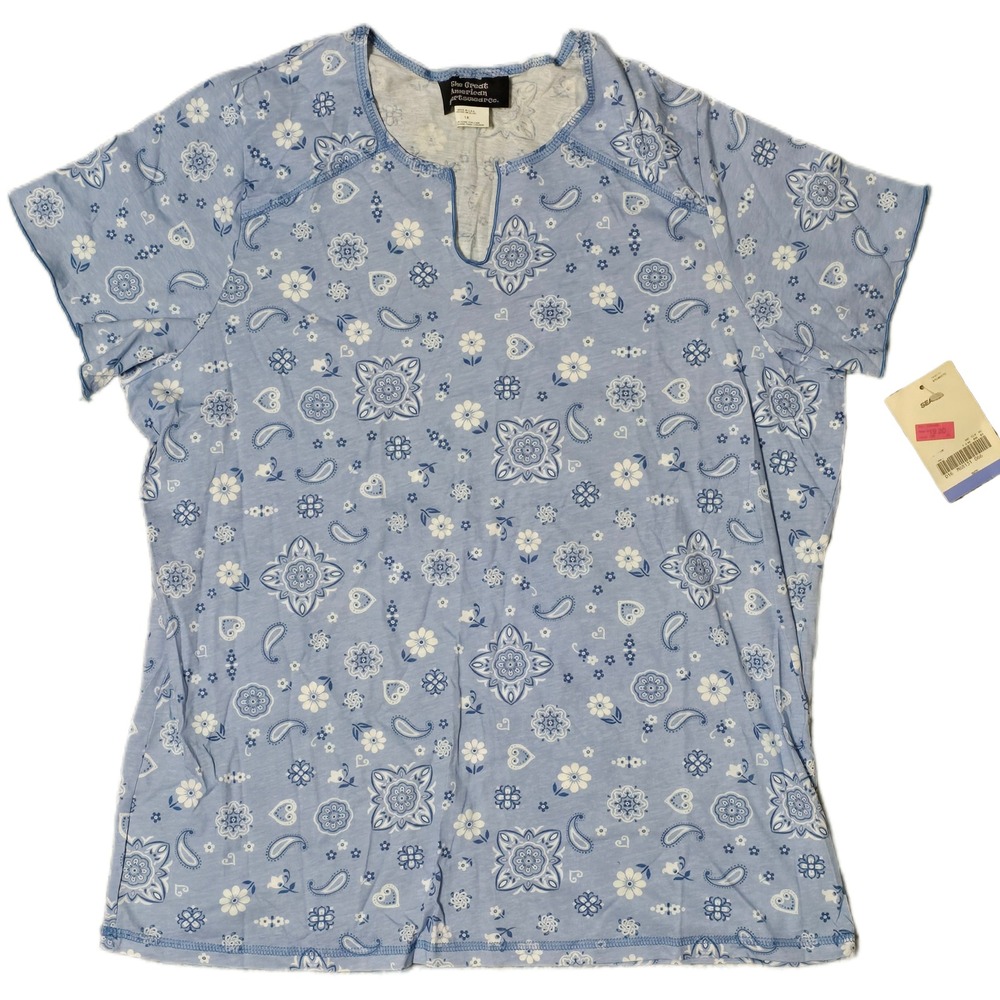 The Great American Womens 1X Blue Paisley Floral Print Short Sleeve Top (AC)
